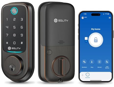 Solity No-Hub Smart Digital Door Lock, 4 in 1 Keyless Entry, Fingerprint, Wi-Fi, Remote Control, Touchscreen Keypad,Auto Lock, IP54 Waterproof, Oil Rubbed Bronze GT10BK
