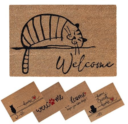 SPOTTED DOG GIFT COMPANY Coir Door Mat, Inside Outside Door Mats, Welcome Mat, Indoor Outdoor Doormats, Front Doormat, Cat Design with PVC Backing, Entrance Door Mat, Heavy Duty Coir 40x60 Tabby Cat