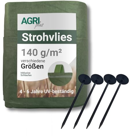 AGRI plus Strohvlies 9,8 x 12,5 m mit Schlaufen I Stabiles 140 g/m² Schutzvlies aus Polypropylen I Reißfestes Heuvlies für langfristigen Schutz I Abdeckvlies UV-beständig (mit 24 Kunststoffnägeln)