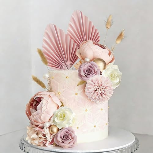 Boho Cake Topper Flower Cake Decorations Pink White Cake Decorations Palm Leaves Butterfly for Wedding Baby Shower Birthday Party Supplies