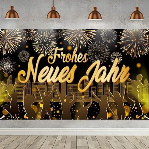 Frohes Neues Jahr Banner 2025 Neujahr Party, Schwarzes Gold Deutschen Silvester Banner, Silvester Dekoration für Innen Außen Deko
