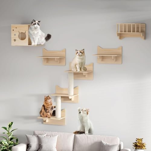 WUDLEP Wood Cat Wall Shelves, 5 Wall Furniture Set, Cat Shelves and Perches Playground Set with Cat Stairs for Indoor Wall Mounted Cat House