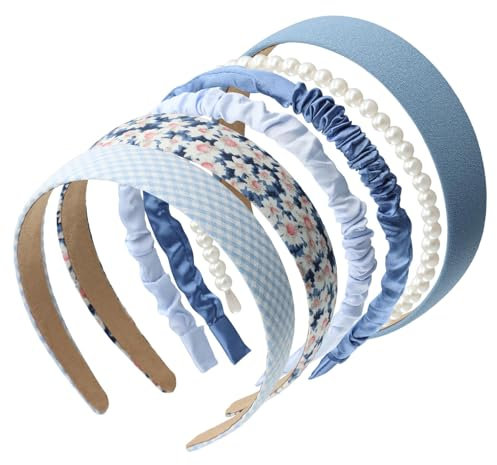 6 Pièces Serre Tete Femme, Petite Série Bleue Fraîche Serre Tete, Polyvalent Serre Tete Fille, Bandeaux Mode pour Femmes Perle, Plaid, Marguerite, Couleur Unie (bleu, taille unique)