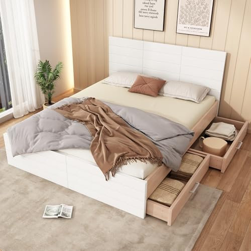 Zravenna Bett 180x200 mit Stauraum, Holzbett Stauraumbett mit 2 Schubladen, Modernes Doppelbett, Bettgestell mit Kopfteil und Lattenrost, Eiche/Weiß