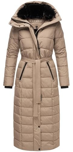 Navahoo Damen Wintermantel Warmer Steppmantel lang mit Kapuze und Taillengürtel Das Teil XIV Taupe Grey Gr. M