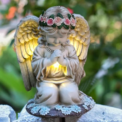 Umllpet Solar Engel Gartenstatuen, LED Fairy Engel Figur, Betende LED-Schutzengel-Figur, Grablicht Outdoor-Dekoration, 20.5cm Grabschmuck Wetterfest Deko für Hof, Terrasse, Fensterbank