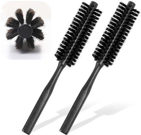 2 Stück Bartbürste Männer, Mini Rundbürste Wildschweinborsten Haarbürste Rund, Kleine Rundbürste Klein Bart Bürste Männer, Rundhaarbürste Round Brush mit Natürlichem Holzgriff, Dunkles Stylingbürste