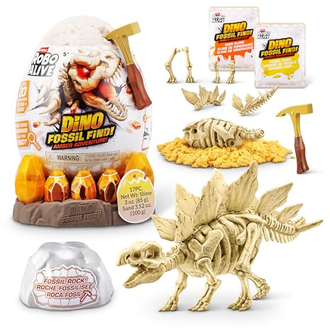 ROBO ALIVE Fossil Find Amber Adventure (Stegosaurus) by ZURU, Surprise Unboxing and Dinosaur Toy for Boys