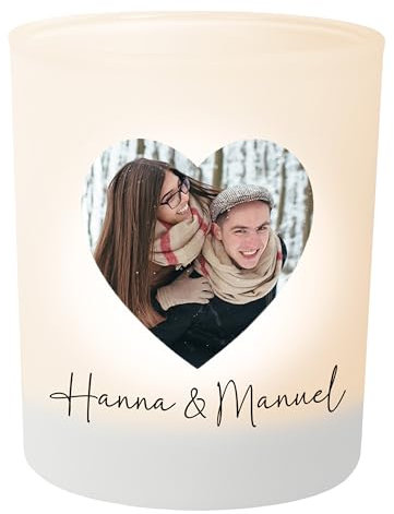 Personalisierter Teelichthalter Herz mit Foto – Teelichtglas Windlicht Deko - Jahrestag, Valentinstag