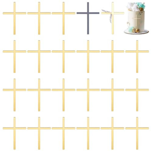 FINGERINSPIRE 24 Stück Cupcake Topper Mit Kreuz 99x69x1.2mm Goldene Spiegel Acryl Hochzeitskreuz Kuchendekoration Taufe Tortenaufsatz Kreuzkuchen Religiöser Feier Charm Für Partys