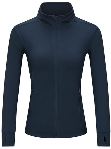 Outdoor Ventures Womens Running Jacket Long Sleeve Sports Jacket Lightweight Breathable Quick Dry Sweatshirt for Fitness Training Cycling with Zip Side Pocket and Thumb Holes Dark Blue L