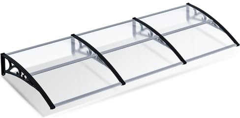 Eikuavons Vordach für Haustür 100x300cm, 6 mm Überdachung Haustür aus Aluminium und Polycarbonat, Transparentes Pultbogenvordach, Pultvordach, Sonnenschutz und Regenschutz, Grau