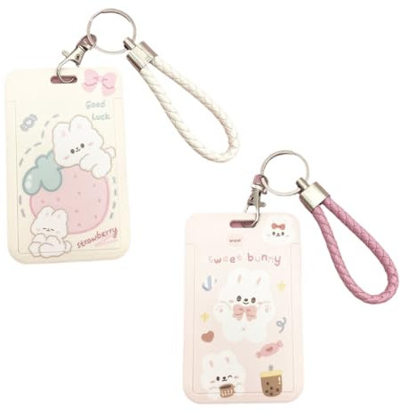 SGERUFZ 2 pièces porte-carte photo porte-badge d'identité avec porte-clés coulissant ouvert mignon lapin ours animal badge bobine papeterie pour école étudiant bus carte d'identité cartes
