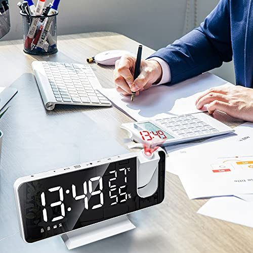 Ejoyous Projektion Wecker mit Wetterstation, 4-in-1 180-Grad-Projektor, LED-Display, FM-Radio, Telefonladegerät für Schlafzimmer, Kinderzimmer, Leben, Leben (Blaue Schriftarten)