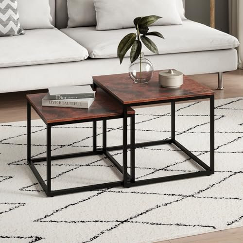 Home Collective Couchtisch 2er Set quadratisch aus Holz, Wohnzimmertisch Modern, Beistelltisch Set 2 in 1 mit Metallgestell für Wohnzimmer Büro Beistelltisch Loft Design Twin | Eiche dunkel