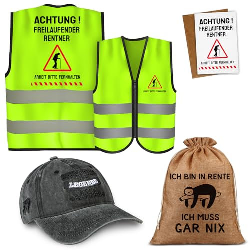 TUZELIYA Renteneintritt Geschen Männer, Ruhestand Weste, Cap, Grusskarte und Geschenkbeutel - Lustige Ruhestand Geschenk für Männer, Geschenk zur Rente Mann