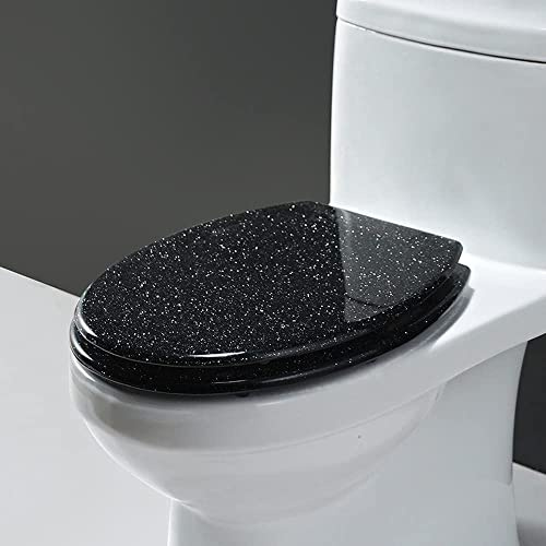 Abattant WC en résine pailletée, Fermeture Lente, Ovale, Installation et Nettoyage faciles, Fermeture Douce, 36 x 42 cm, Noir (Noir)