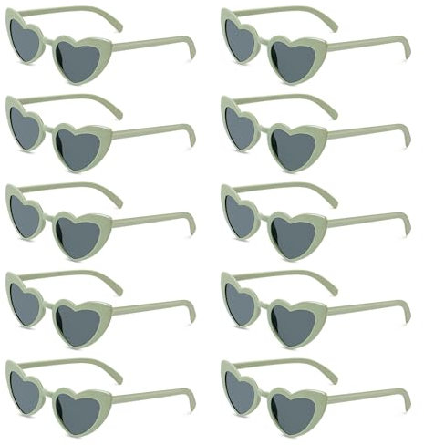 Herz Sonnenbrille Partybrille Set Herzform Brille JGA Brillen Herzbrille 90er Jahre Hippie Herzförmige Brille Herzchen Brille für Party Hochzeit Karneval Halloween 10 Stück (Grün)