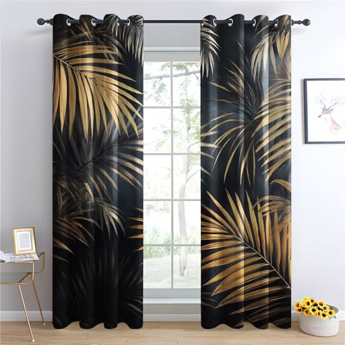 Luxfieo Rideau Occultant Feuilles Palmier - Décoration Feuilles Tropicales, Rideau Thermique Motif Noir et Doré, Lot de 2 Rideaux Opaque à Oeillets pour Fenetre Chambre Salon, 140x240 cm (LxH) U#312