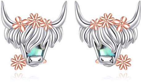 YFN Hochland Kuh Ohrringe Sterling Silber Abalone Blumen-Kuh-Ohrstecker Schottischer Schmuck Highland Cow Geschenk für Frauen