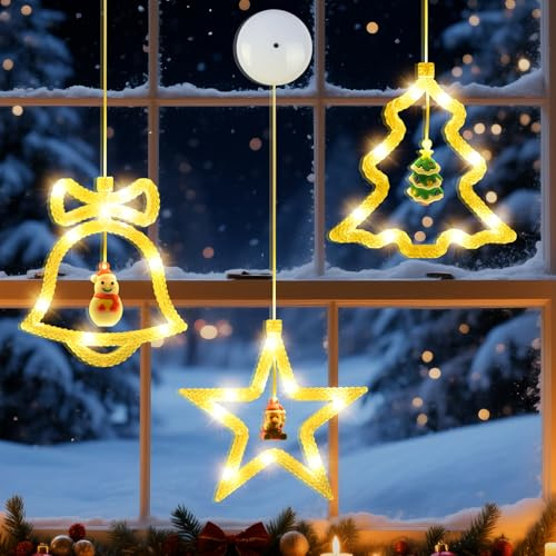 Qoosea Luci di Natale Finestra, 3 Pezzi LED Luci Natalizie a Batteria con Ventosa, 3 Mode Sospensione Luminarie Interni e Esterni Decorazioni Finestre per Giardino, Porta, Addobbi Natalizi