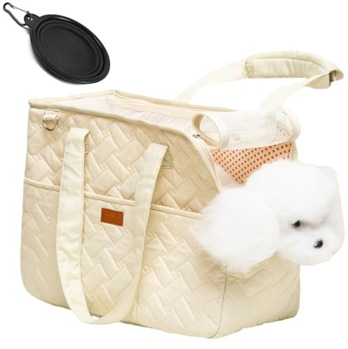 Hundetasche für kleine Hunde,Kaninchen und Katzen mit Seitentaschen,langem Tragegurt,Baumwolltasche,35 * 25 * 15,5cm,weiche Hundetragetasche,zusammenklappbare Reisetasche für Welpen,1 Faltbarer Napf.