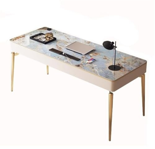 ZENGXJYCQINGJIANG Gaming Desk Home Office Desk with 2 Drawers and Charging Outlets, Modern Luxuty Writing with Rock Slab Desktop and Gold Metal Frame(S)