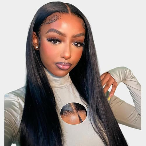 Smilenice Perruque Bresilienne Cheveux Humain 200% Densité 9x6 Perruque Femme Naturelle Straight Sans Colle Cheveux HD Lace Wear and Go Glueless Wig Plucked Pre Cut Naturel Humaine 24 Pouces