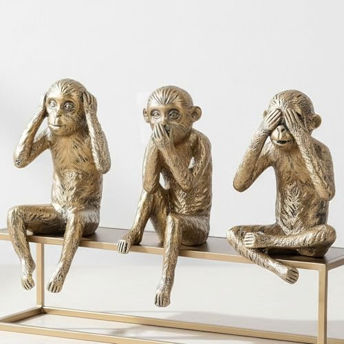 GAOSHENG 3er-Set „DREI weise Affen“-Figuren – „Nichts Böses sehen, Nichts Böses hören, Nichts Sagen“-Figuren, goldene Deko-Akzente im Boho-Stil, (Gold)