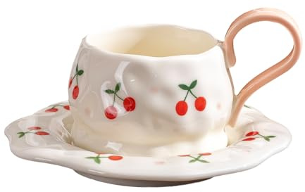OHAANYY Tazza Caffè Ceramica Dipinta Mano Piattino Ciliegia Irregolare