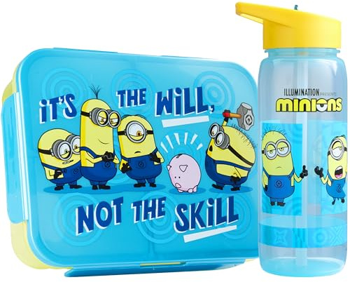 Get Trend Minions Porta Pranzo Bambini, Set 2 Pezzi con Senza BPA Bento Box 3 Scomparti e Borraccia Coperchio Apribile con Cannuccia 640 ml, Scuola Idea Regalo (Multi Minions)