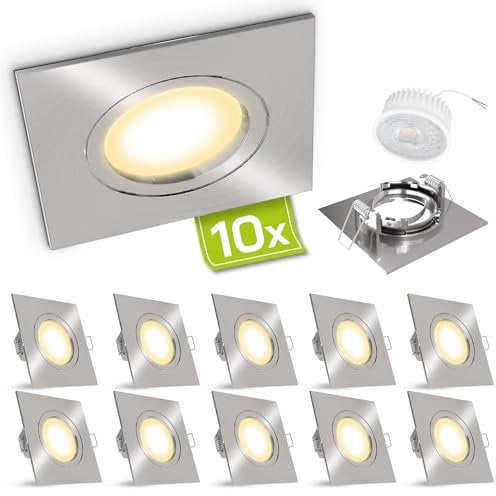 linovum® Decken Einbauleuchten 10er Set flach (36mm) eckig starr Edelstahl Optik - Einbaustrahler Set mit LED Module Leuchtmittel 4W warmweiß