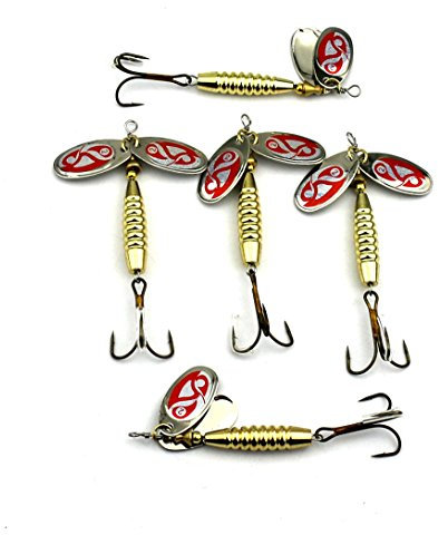 Lenpaby, Esche da pesca in metallo, 5 pezzi, esche cucchiaino, esche artificiali rotanti, 9 cm, 16,5 g