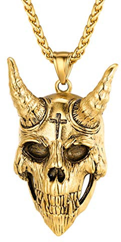PROSTEEL 18k vergoldet Ziege Kopf Anhänger Halskette Satan Verehrung Ziege Horn Schädel Glückbringer Amulett mit 55+5cm/3mm Weizenkette religiöser Modeschmuck für Geburtstag