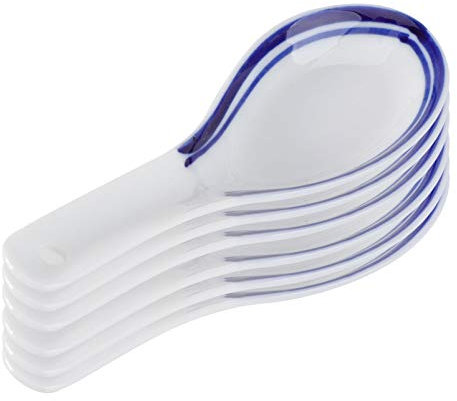 Juego de 5 cucharas chinas para sopa, color azul y , porcelana, cucharas soperas de cerámica asiática, cucharas para aperitivos, cucharas de cena, vajilla para el hogar o restaurante