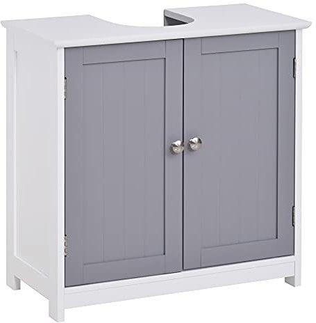 kleankin Mobile Sottolavabo a 2 Ante con Ripiano Regolabile, Armadietto Bagno Salvaspazio con Intaglio a U, 60x30x60 cm, Bianco e Grigio
