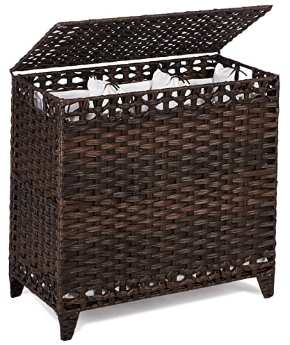 Laundry Hamper with 3 Removable Liner Bags; 132L Handwoven Rattan Laundry Basket with Lid & Heightened Feet; Clothes Hamper with Side Handles; Laundry Sorter with 3 Separate Sections