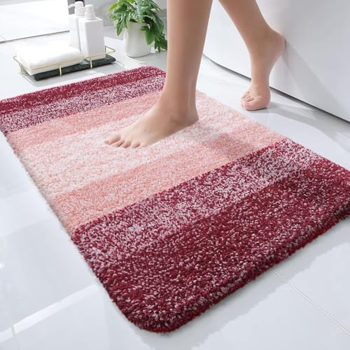OLANLY Luxuriöse Badezimmerteppichmatte, extra weiche und saugfähige Mikrofaser-Badteppiche, Rutschfester Plüsch-Shaggy-Badteppich, maschinenwaschbar, Badematten für Badezimmerboden, 40.6x61 cm, rot
