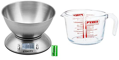 Etekcity Electronic Kitchen Scales with Stainless Steel Mixing Bowl, Timer and Temperature Sensor, Digital Wet and Dry Food Weighing Scale-11lb/5kg & Pyrex Glass Measuring Jug, 1L