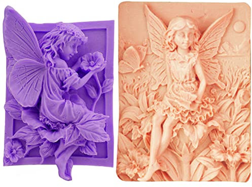 AIDOIT - Moldes de silicona para jabón, paquete de 2 moldes de silicona con diseño de niña de ángel en 3D, flores, hadas, belleza, ángel, para jabón hecho a mano, manualidades, decoración