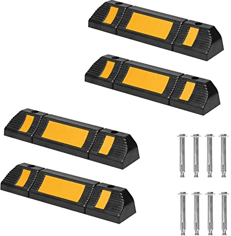 Aufun Radstopper Parkplatzbegrenzung Anfahrschutz 4er Set Einparkhilfe | Gummi Parkplatz-Markierung mit Gelb Reflektierende Streifen für Parkplätze und Garagen 60x12x10 cm, Innen und Außen