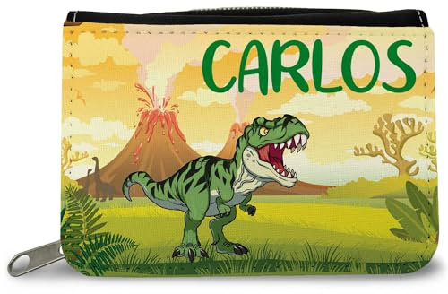 GRAVURZEILE Bedruckte Kinder Geldbörse - Dino - Personalisiert mit Name - Portemonnaie mit Reißverschluss für Taschengeld und Fahrkarte - Geldbeutel für Schüler Jungen & Mädchen - Farbe: Grün