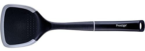 Prestige 2-in-1 Spatula with Silicone Edge - Solid Turner with Non Scratch Silicone and Garlic / Ginger Grater, Heat Resistant Kitchen Utensils to Protect Non Stick Cookware, 39cm, Black & Grey