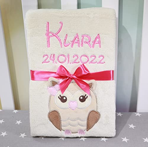 BotoBaby® - Babydecke mit Namen und Geburtsdatum - Geschenk Taufe Geburt ★ (Beige - Eule)