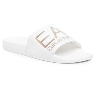 Emporio Armani EA7 Ciabatta da Donna Sliders con Maxi Logo (Shiny White/Rose Gold, numeric_35)