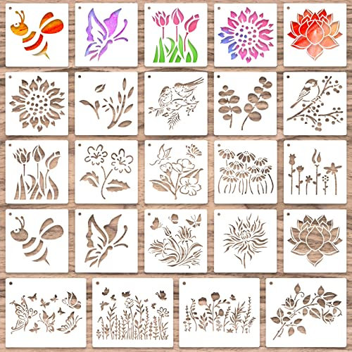 Grevosea 20 Stück Malerei Schablonen Set Wildblumen Schablonen Tiermalerei Schablone wandgestaltung Wiederverwendbare Zeichenschablone Kleine Schablonen zum Malen von Möbeln DIY Tasche deko-13 * 13cm