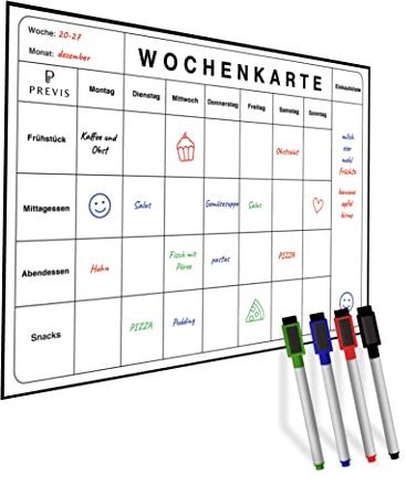 Previs Essensplaner Woche A4 Kühlschrank Mahlzeiten mit 4 Löschbaren Stiften - Menüplaner - Einkaufsliste zum Aufhängen -Meal Planner
