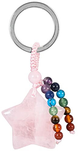 KYEYGWO Rosenquarz Kristall Sterne Schlüsselanhänger für Unisex, 7 Chakra Stein Schlüsselring Deko Heilstein Pentagramm Taschenanhänger Glücksstern Anhänger für Schlüsselband Schlüsselbund
