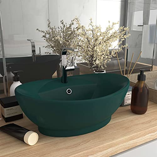 HIGSOSE Lavabo Troppopieno Verde Scuro Opaco 58,5x39cm Ceramica Lavandino da Appoggio Lavabo Appoggio Lavatoio Ceramica Lavatoio da Esterno Arredo Bagno Lavabo da Esterno Ovale Lavabo da Appoggio