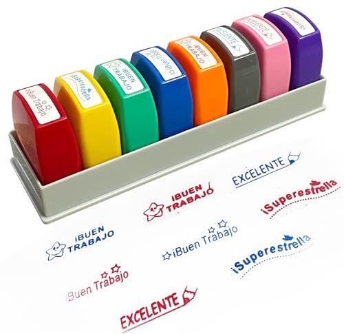 Huaerle Lehrerstempel Spanisch, 8 Stück, 8 Farben, Rechteckig, ABS Material, Klassenzimmer, Bewertungsstempel, Kinder Hausaufgaben
